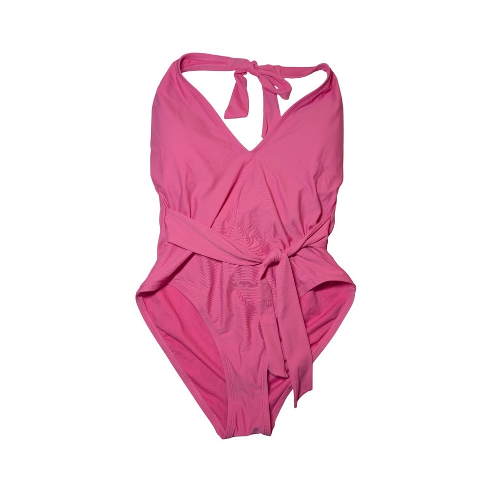 ⭐D4 Shade & Shore Women's‎ Belted Halter Plunge One Piece Swimsuit Pink - L